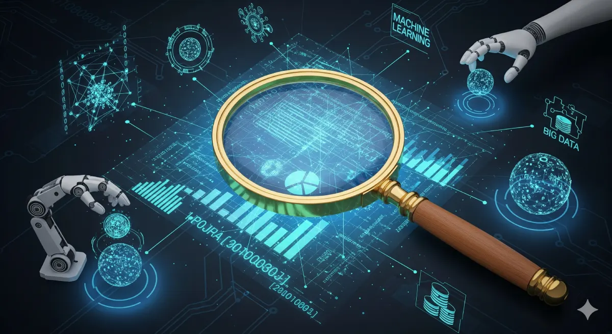 Magnifying glass analyzing AI, machine learning, and big data with robotic hands and digital graphics.