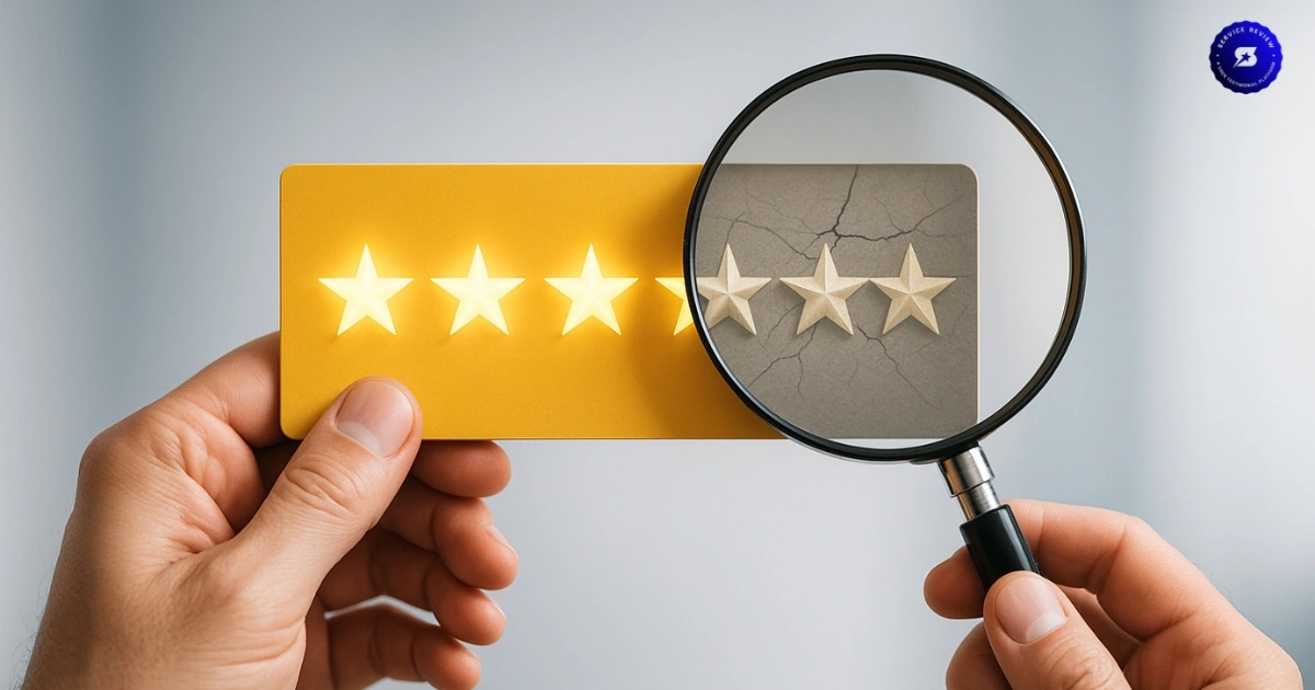 Service Review showing customer feedback and star ratings analysis with magnifying glass.