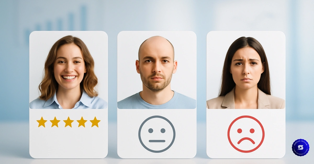 Customer reviews with star ratings and sentiment analysis on Service Review platform.