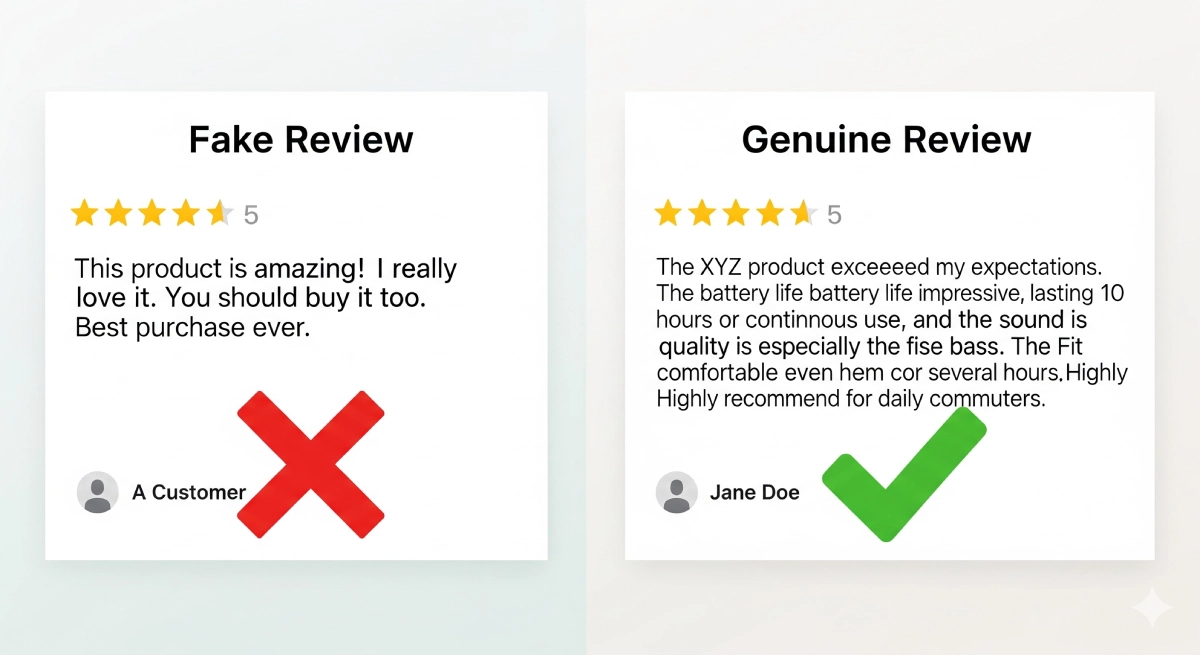 Comparison of fake vs genuine online product reviews with ratings, text examples, and authenticity checks.