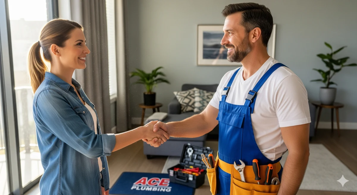 Customer shaking hands with a professional plumber at home, symbolizing trust in reliable services.