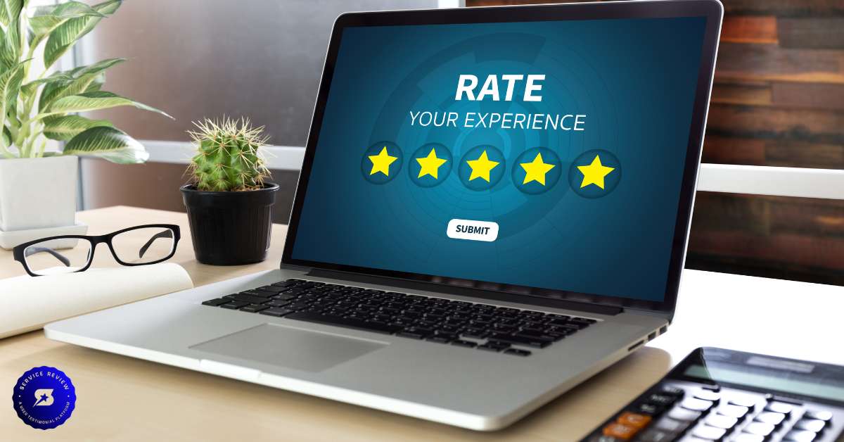 Laptop screen showing 5-star Service Reviews rating feedback form for user experience with office desk items around.