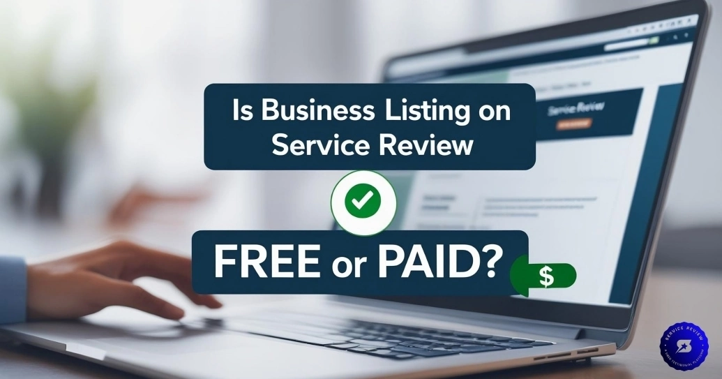 Is business listing on Service Review free or paid displayed on laptop screen with check mark.