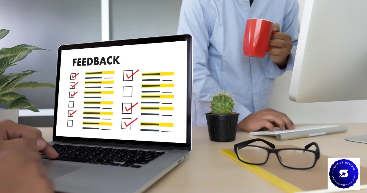 Person reviewing feedback checklist on laptop at office desk, highlighting importance of genuine reviews.